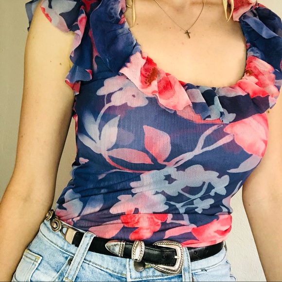 🔥SOLD🔥SWEET PEA Blue Pink Floral Printed Ruffle Tank Top - Picture 4 of 8